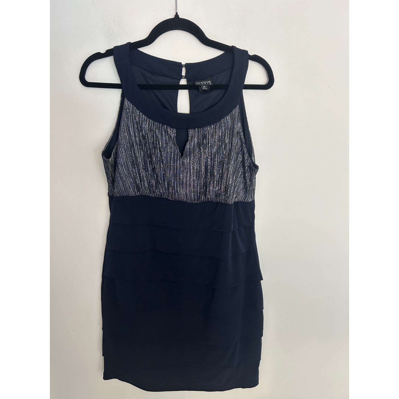 En Focus Studio Navy Blue Metallic Silver Tiered Ruffle Cocktail Dress Womens 14